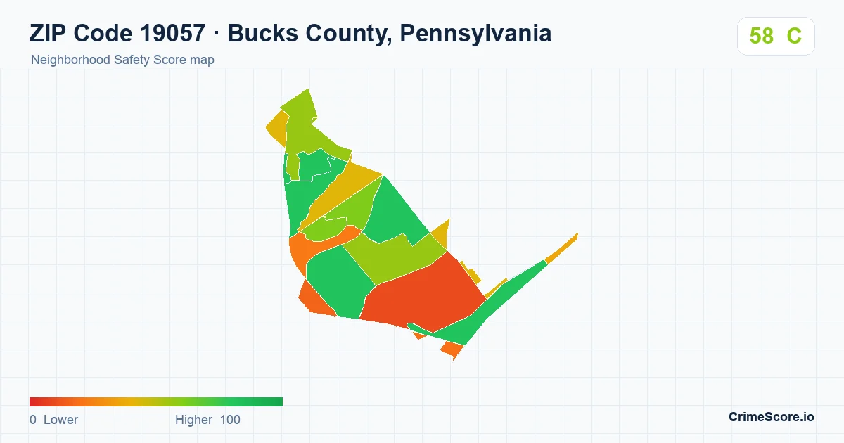 ZIP Code 19057 in Bucks County, Pennsylvania neighborhood Safety Score map