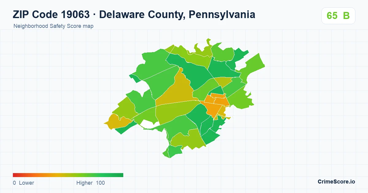 ZIP Code 19063 in Delaware County, Pennsylvania neighborhood Safety Score map