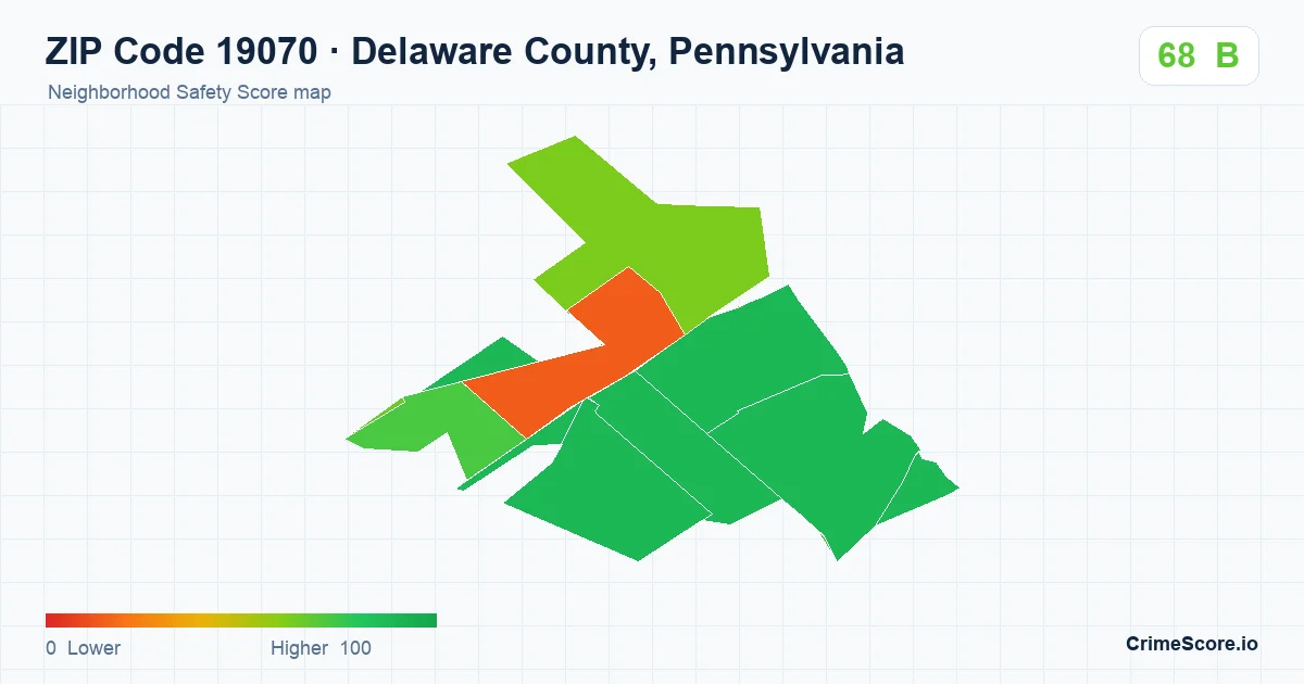 ZIP Code 19070 in Delaware County, Pennsylvania neighborhood Safety Score map