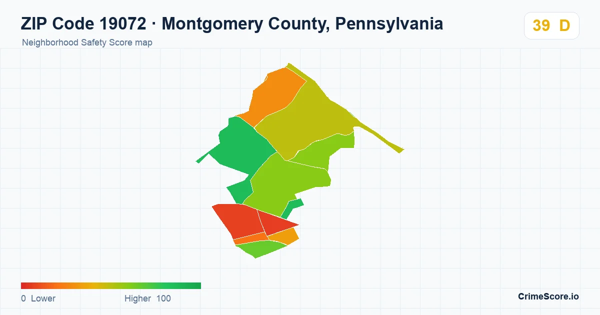 ZIP Code 19072 in Montgomery County, Pennsylvania neighborhood Safety Score map