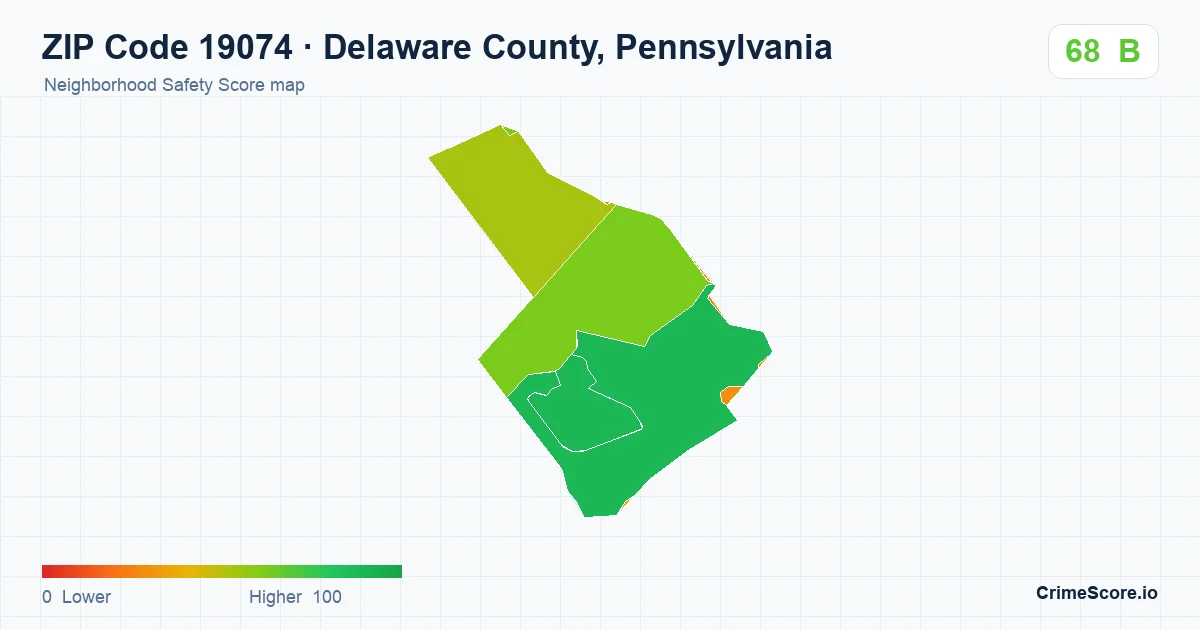 ZIP Code 19074 in Delaware County, Pennsylvania neighborhood Safety Score map