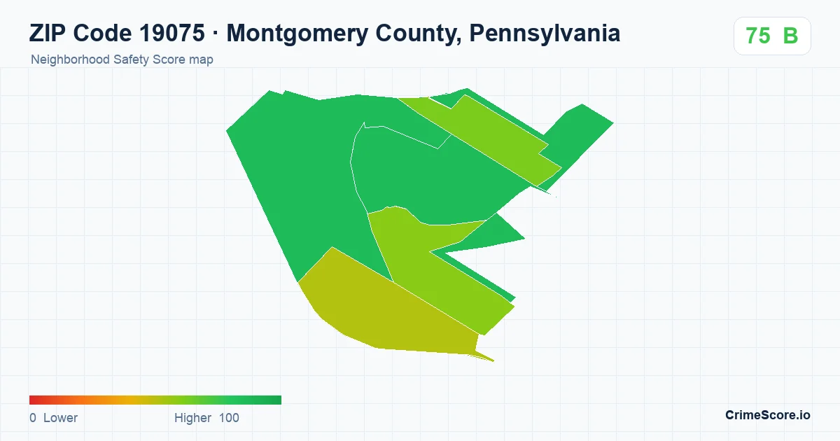 ZIP Code 19075 in Montgomery County, Pennsylvania neighborhood Safety Score map
