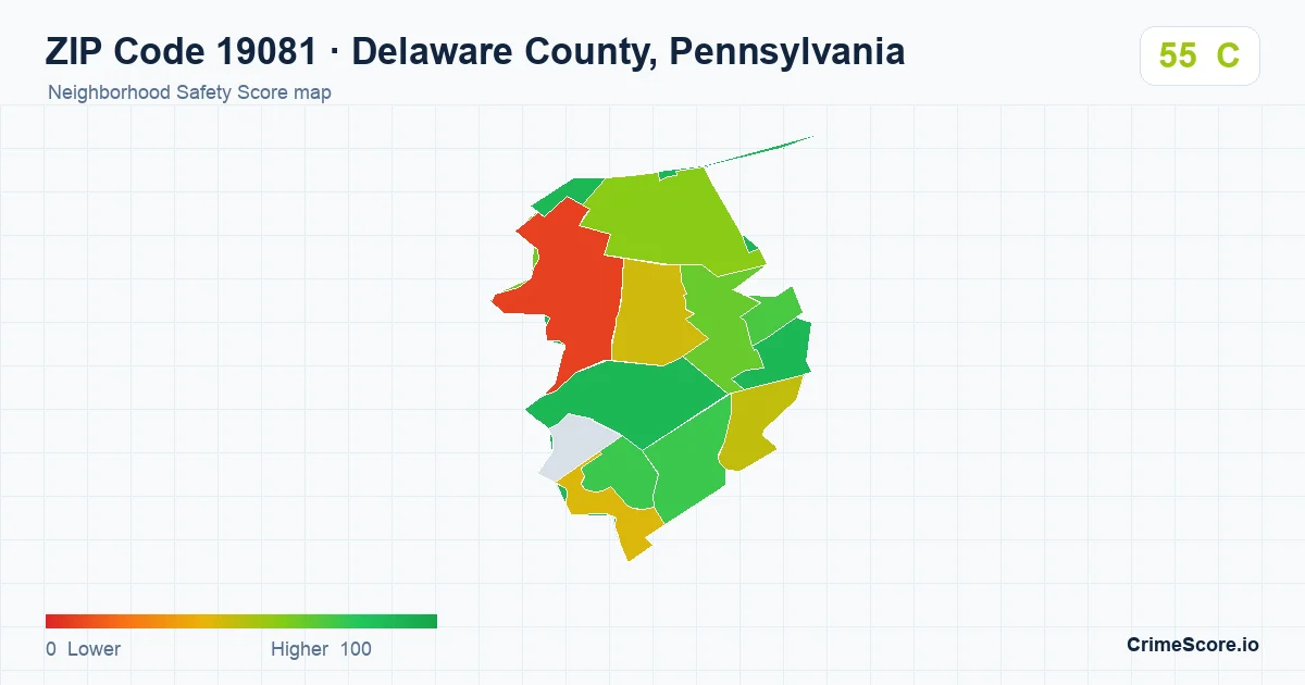 ZIP Code 19081 in Delaware County, Pennsylvania neighborhood Safety Score map