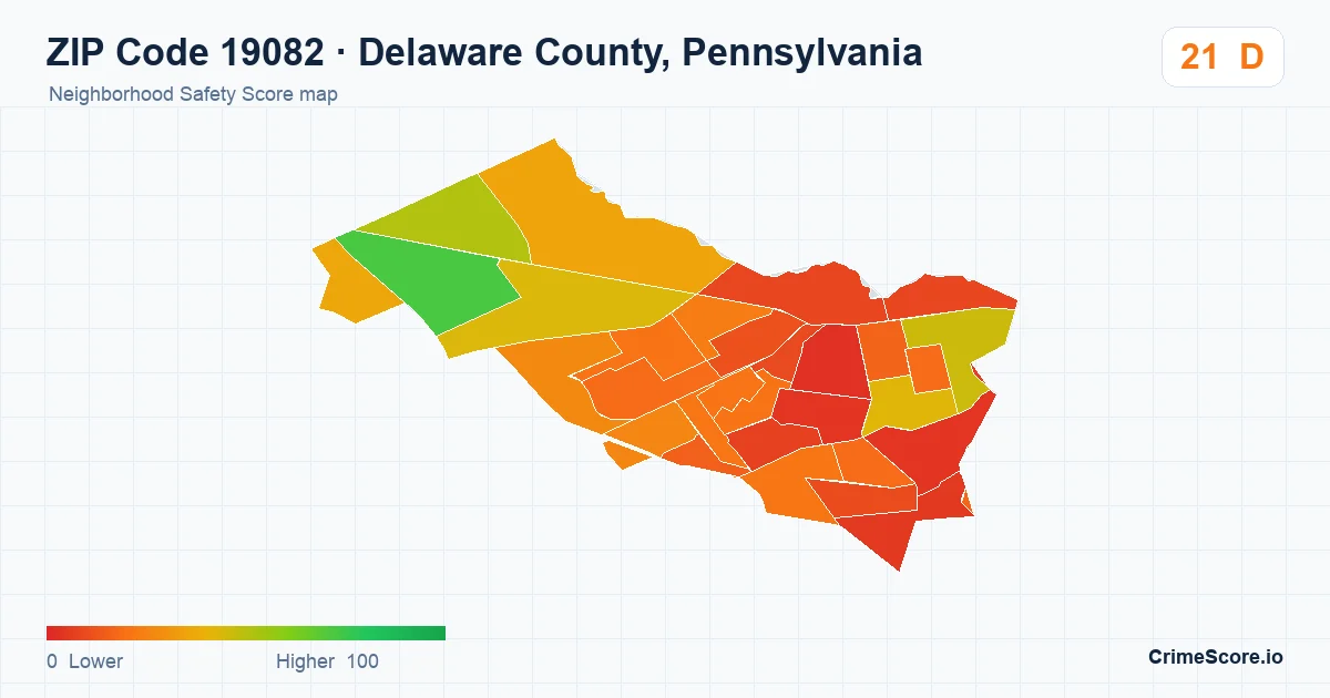 ZIP Code 19082 in Delaware County, Pennsylvania neighborhood Safety Score map