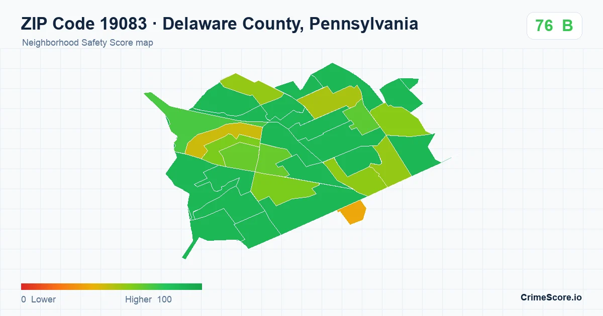 ZIP Code 19083 in Delaware County, Pennsylvania neighborhood Safety Score map