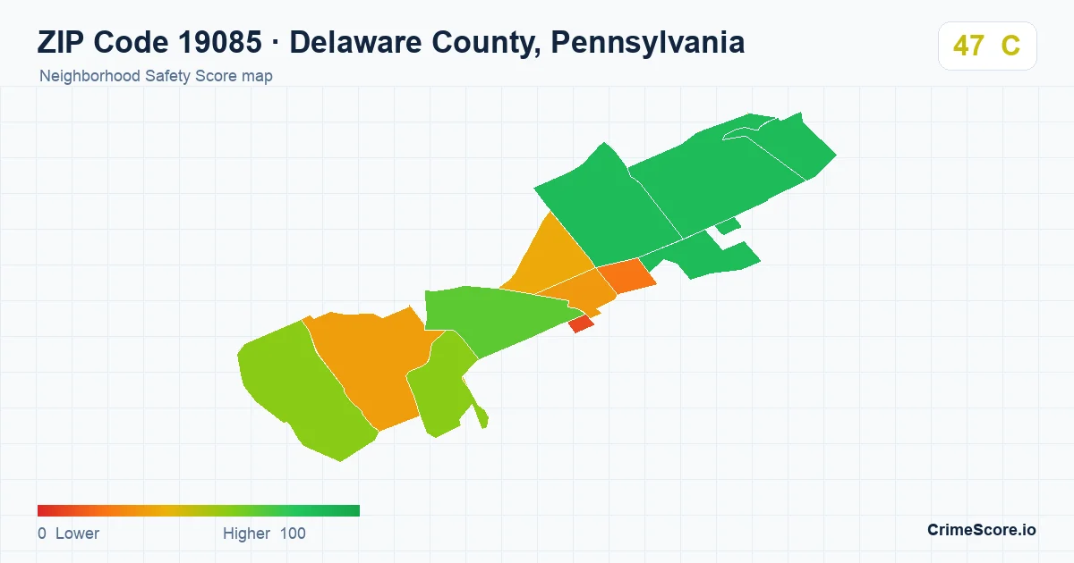 ZIP Code 19085 in Delaware County, Pennsylvania neighborhood Safety Score map