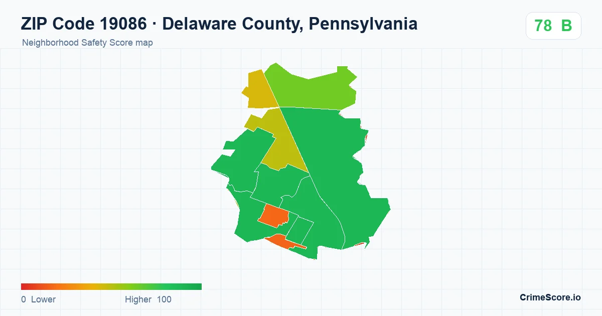 ZIP Code 19086 in Delaware County, Pennsylvania neighborhood Safety Score map