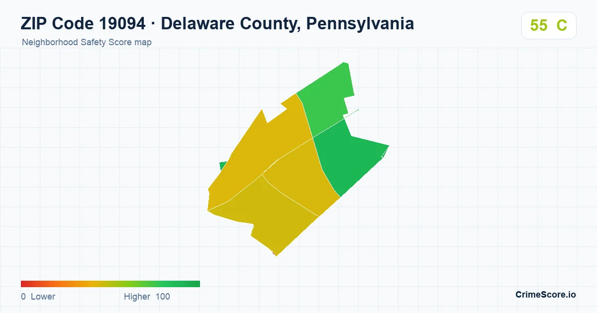 ZIP Code 19094 in Delaware County, Pennsylvania neighborhood Safety Score map