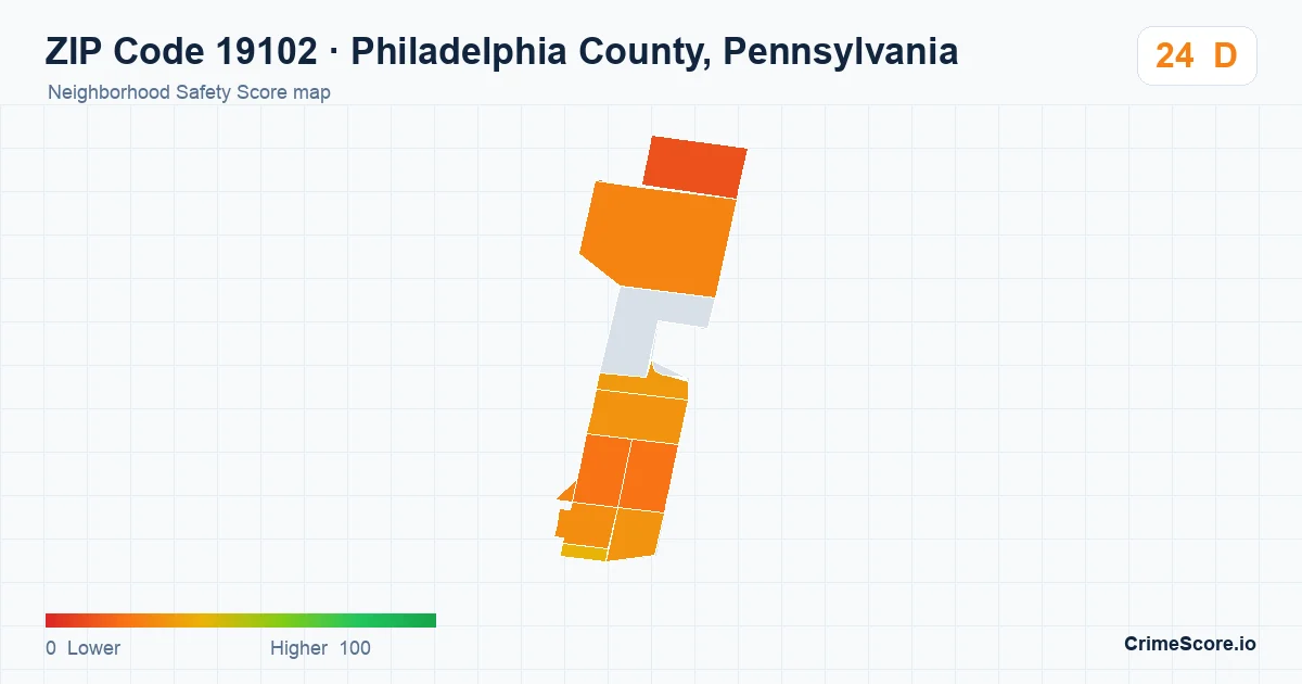 ZIP Code 19102 in Philadelphia County, Pennsylvania neighborhood Safety Score map