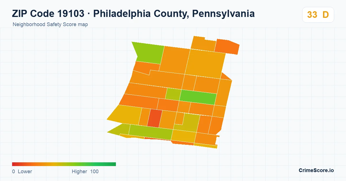 ZIP Code 19103 in Philadelphia County, Pennsylvania neighborhood Safety Score map