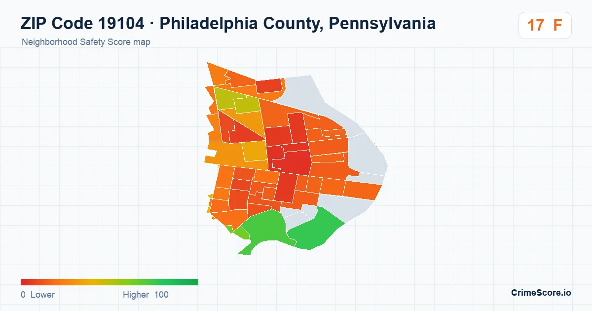 ZIP Code 19104 in Philadelphia County, Pennsylvania neighborhood Safety Score map