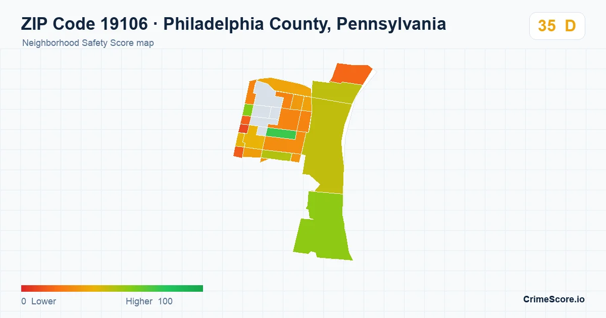 ZIP Code 19106 in Philadelphia County, Pennsylvania neighborhood Safety Score map