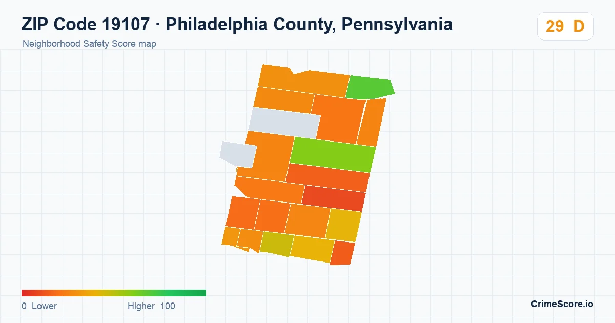 ZIP Code 19107 in Philadelphia County, Pennsylvania neighborhood Safety Score map