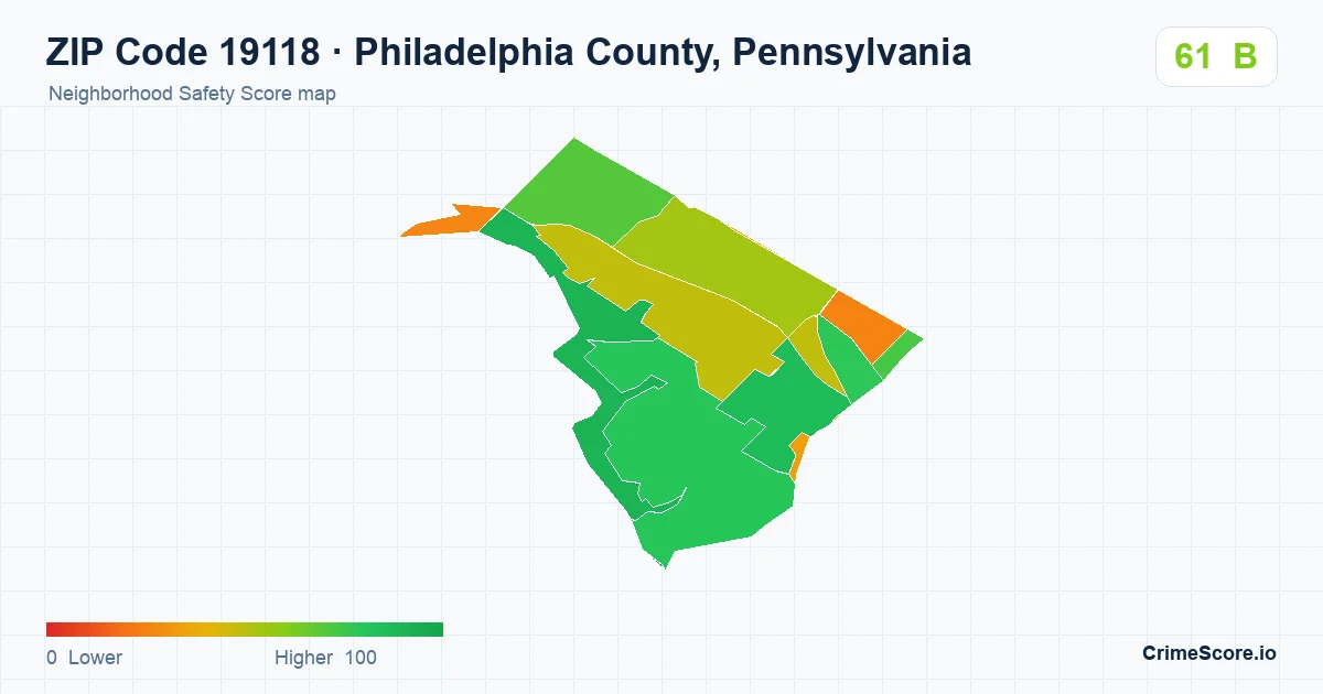 ZIP Code 19118 in Philadelphia County, Pennsylvania neighborhood Safety Score map