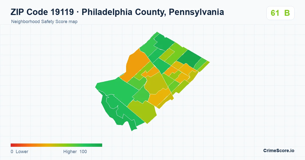 ZIP Code 19119 in Philadelphia County, Pennsylvania neighborhood Safety Score map