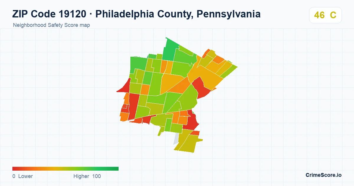 ZIP Code 19120 in Philadelphia County, Pennsylvania neighborhood Safety Score map