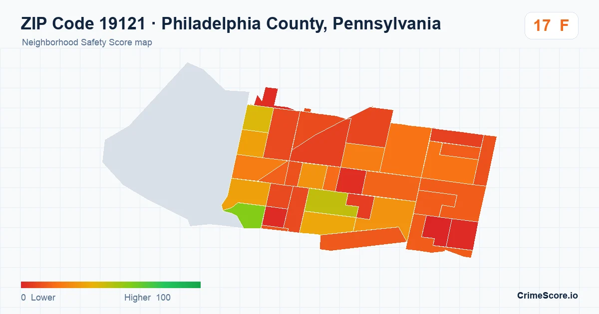 ZIP Code 19121 in Philadelphia County, Pennsylvania neighborhood Safety Score map