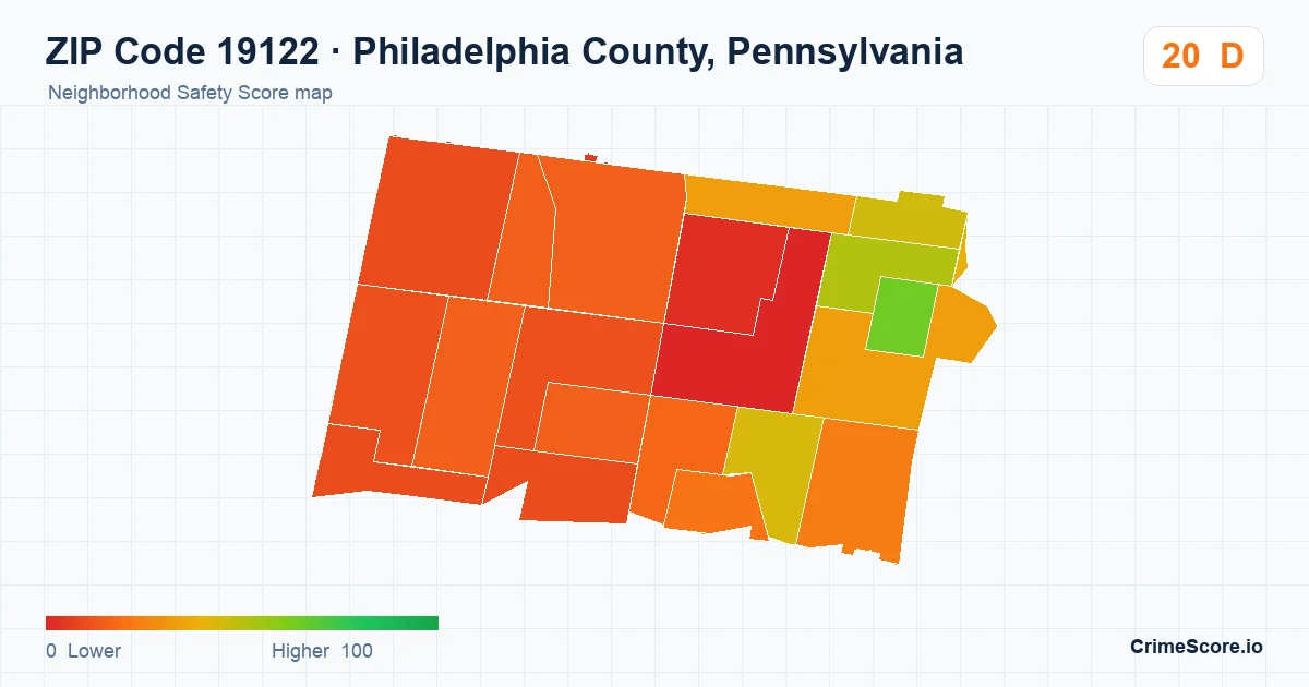 ZIP Code 19122 in Philadelphia County, Pennsylvania neighborhood Safety Score map