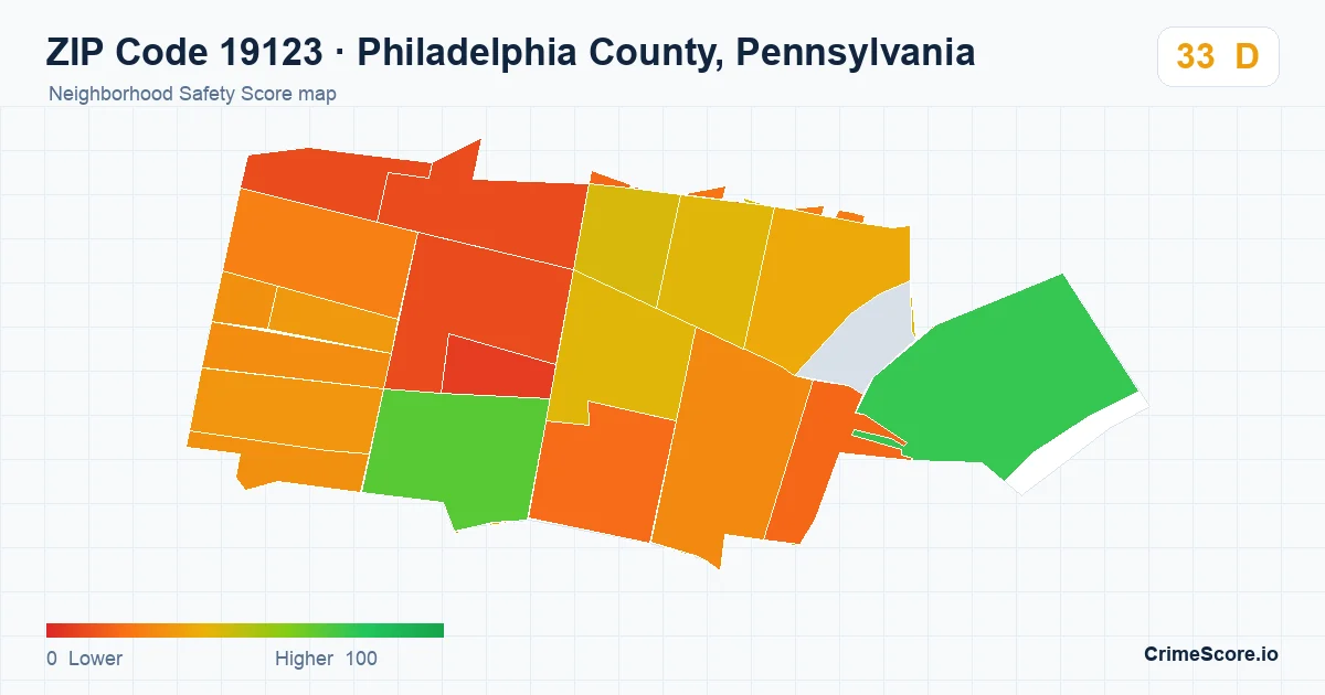 ZIP Code 19123 in Philadelphia County, Pennsylvania neighborhood Safety Score map
