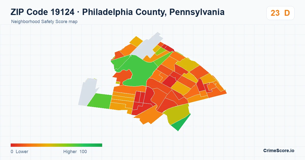 ZIP Code 19124 in Philadelphia County, Pennsylvania neighborhood Safety Score map