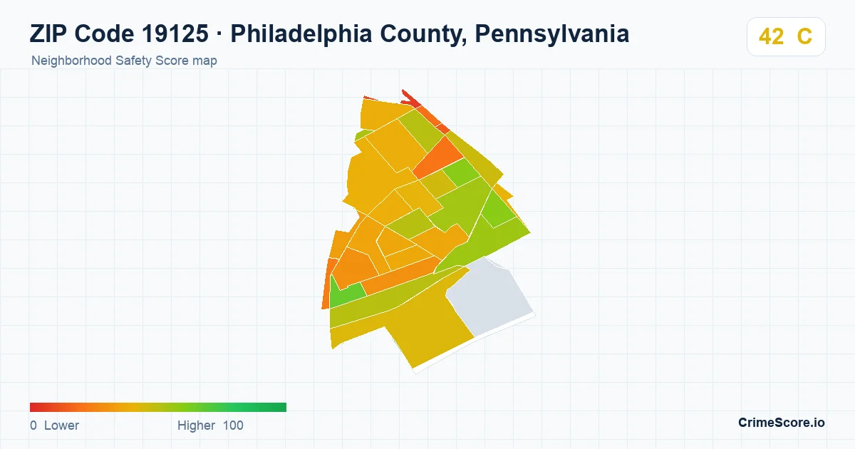 ZIP Code 19125 in Philadelphia County, Pennsylvania neighborhood Safety Score map