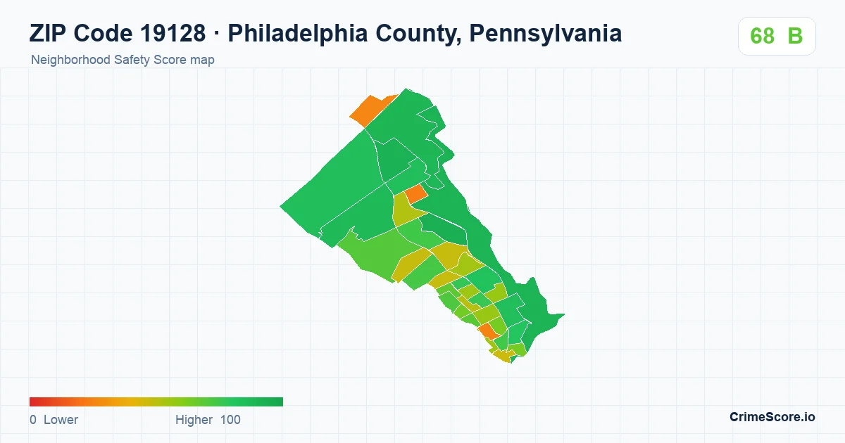 ZIP Code 19128 in Philadelphia County, Pennsylvania neighborhood Safety Score map