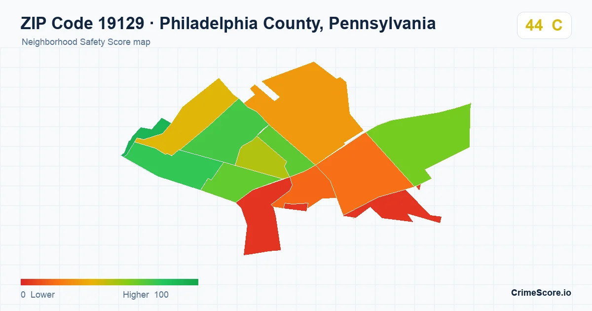 ZIP Code 19129 in Philadelphia County, Pennsylvania neighborhood Safety Score map