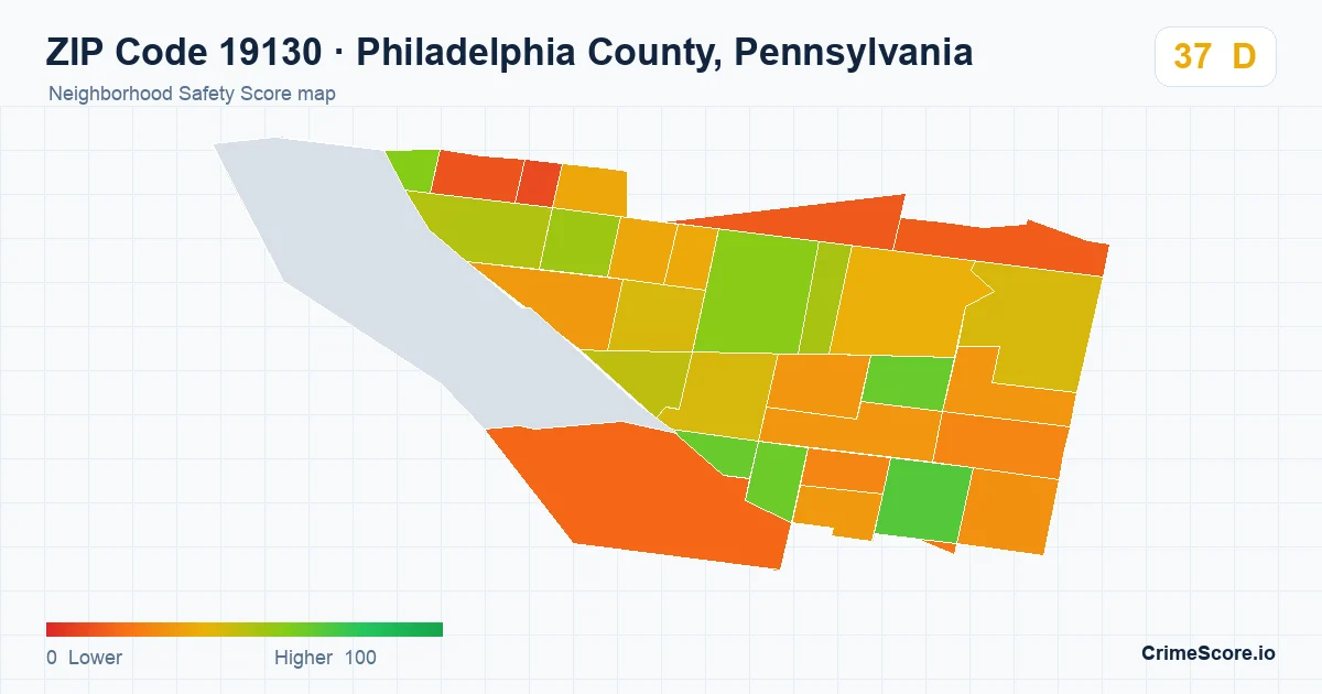 ZIP Code 19130 in Philadelphia County, Pennsylvania neighborhood Safety Score map