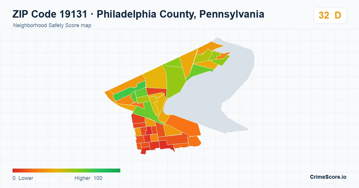 ZIP Code 19131 in Philadelphia County, Pennsylvania neighborhood Safety Score map