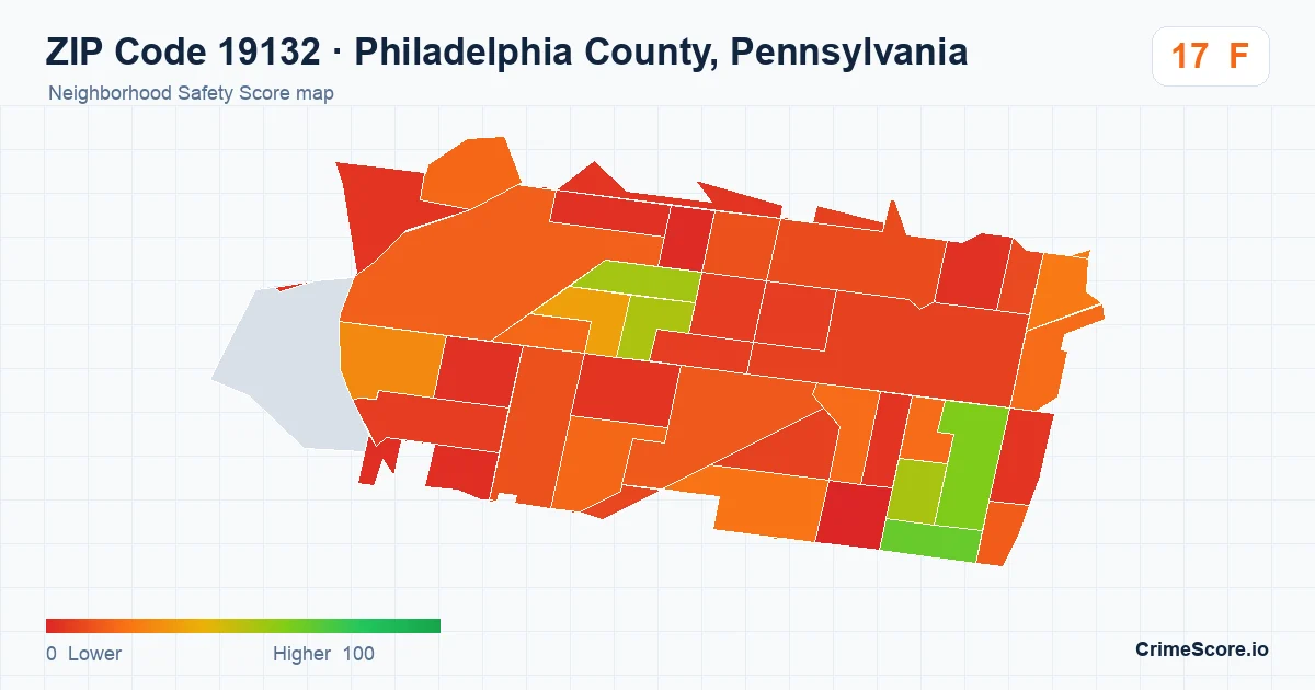 ZIP Code 19132 in Philadelphia County, Pennsylvania neighborhood Safety Score map