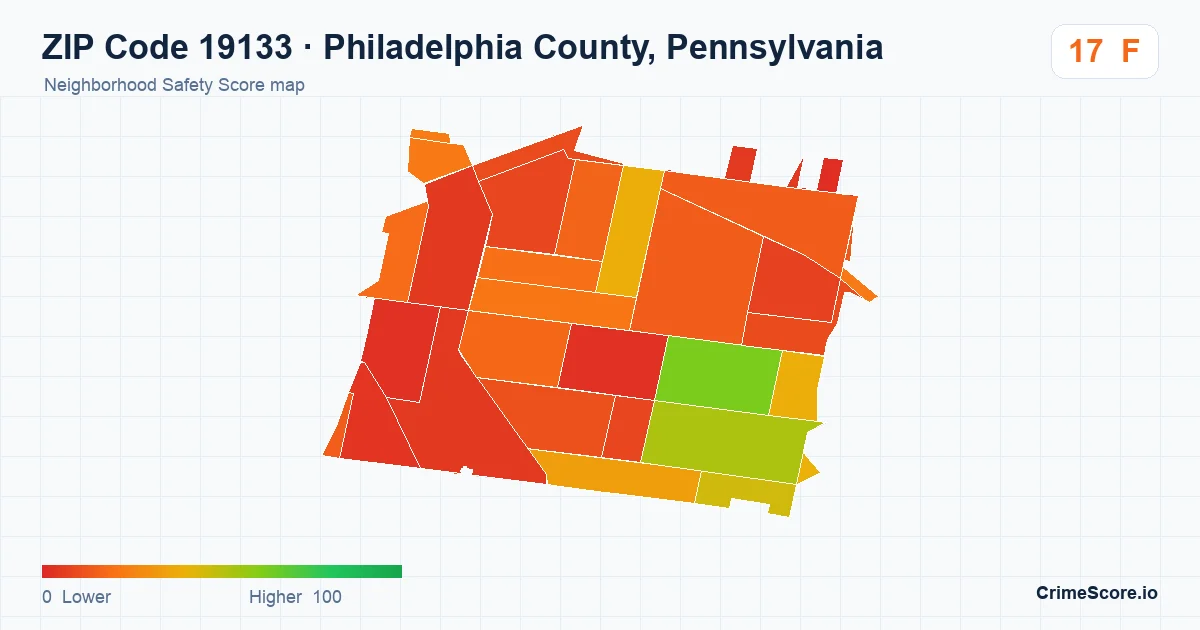 ZIP Code 19133 in Philadelphia County, Pennsylvania neighborhood Safety Score map