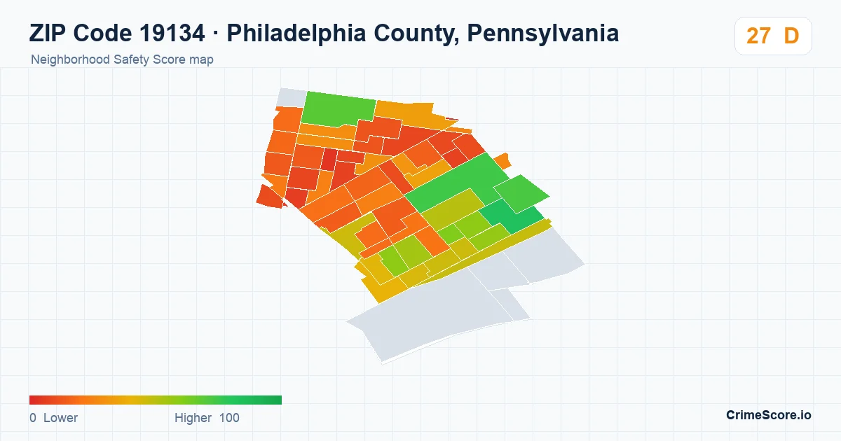 ZIP Code 19134 in Philadelphia County, Pennsylvania neighborhood Safety Score map