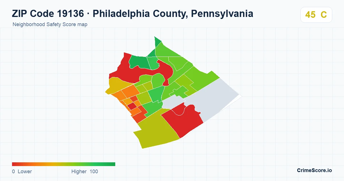 ZIP Code 19136 in Philadelphia County, Pennsylvania neighborhood Safety Score map