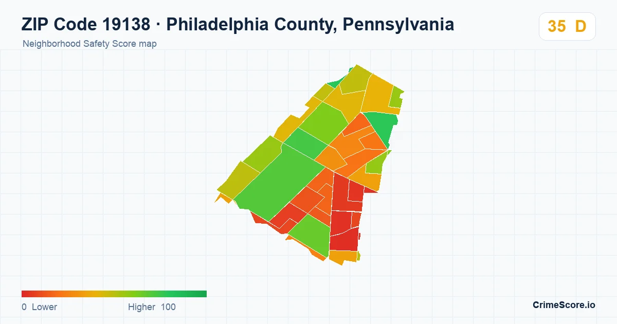 ZIP Code 19138 in Philadelphia County, Pennsylvania neighborhood Safety Score map