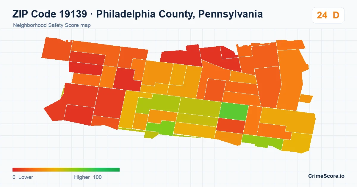 ZIP Code 19139 in Philadelphia County, Pennsylvania neighborhood Safety Score map