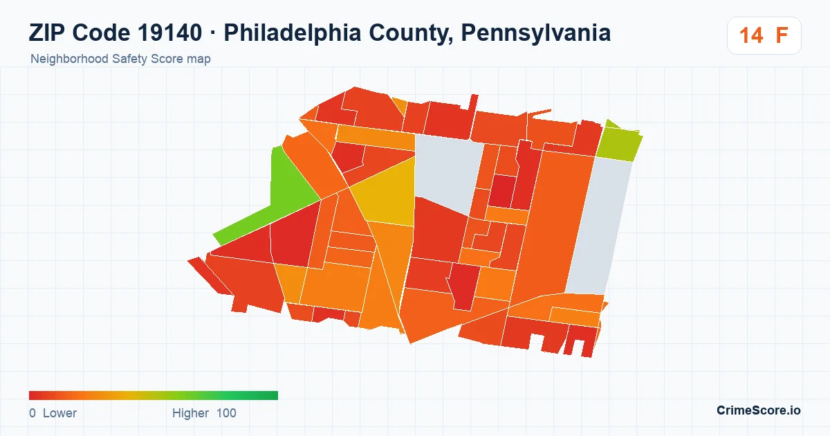 ZIP Code 19140 in Philadelphia County, Pennsylvania neighborhood Safety Score map
