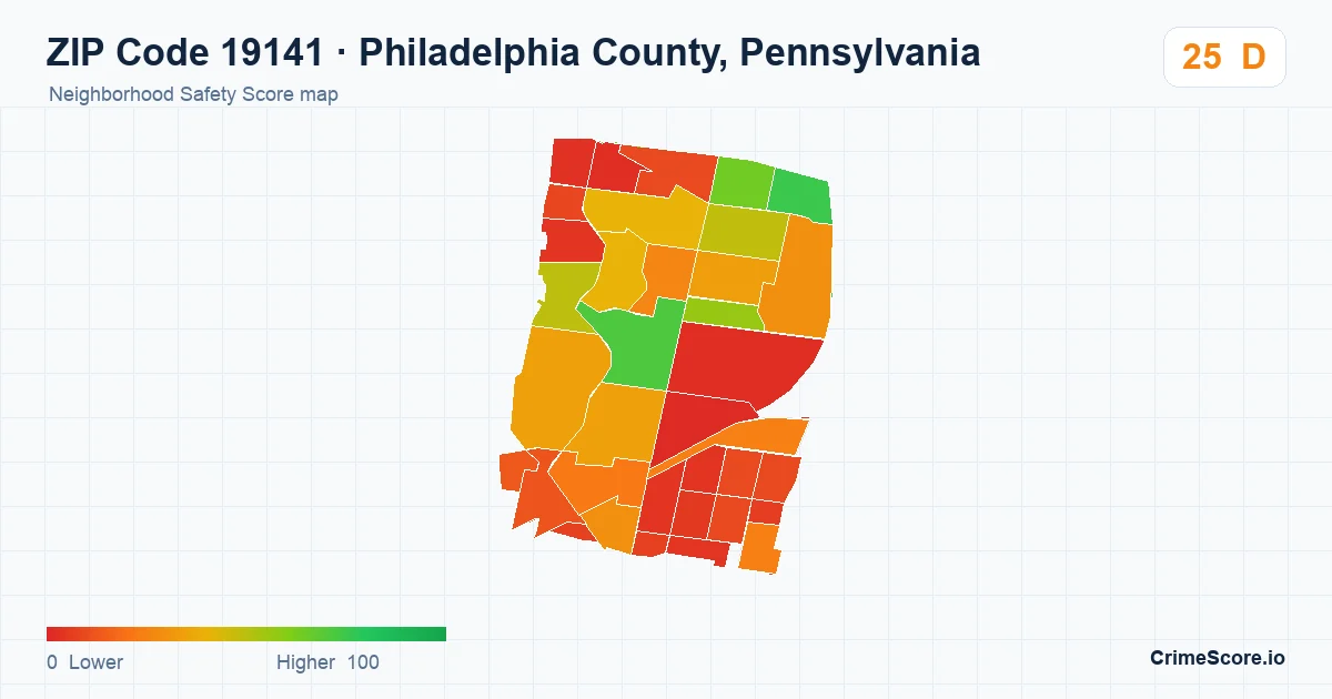 ZIP Code 19141 in Philadelphia County, Pennsylvania neighborhood Safety Score map