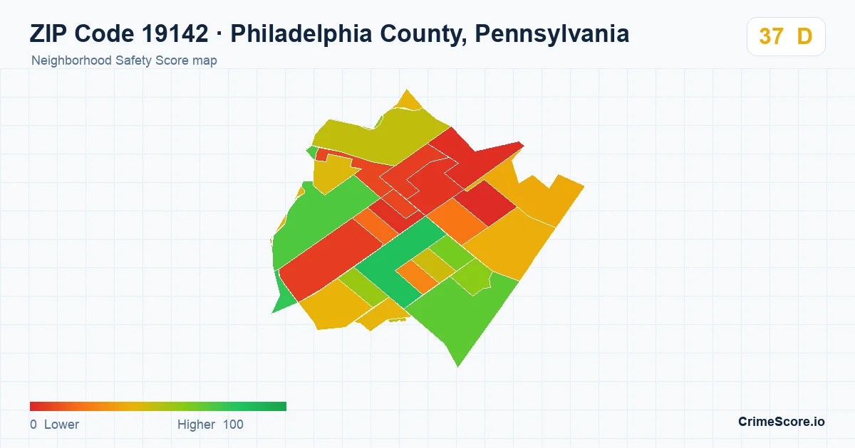 ZIP Code 19142 in Philadelphia County, Pennsylvania neighborhood Safety Score map
