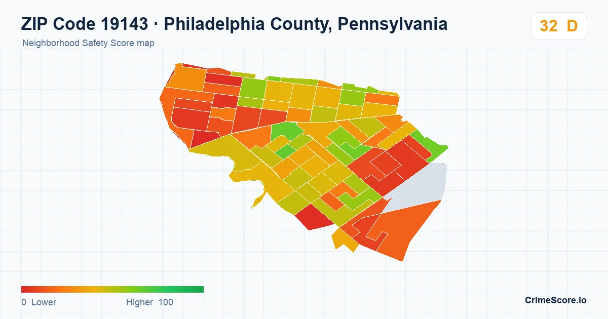 ZIP Code 19143 in Philadelphia County, Pennsylvania neighborhood Safety Score map