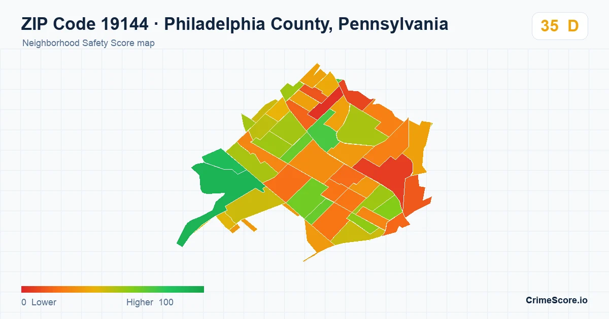 ZIP Code 19144 in Philadelphia County, Pennsylvania neighborhood Safety Score map
