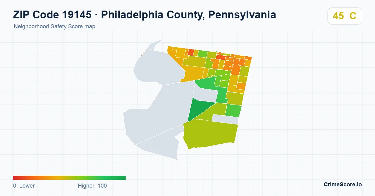 ZIP Code 19145 in Philadelphia County, Pennsylvania neighborhood Safety Score map