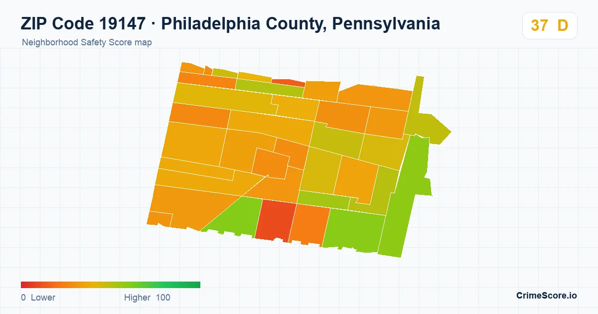 ZIP Code 19147 in Philadelphia County, Pennsylvania neighborhood Safety Score map