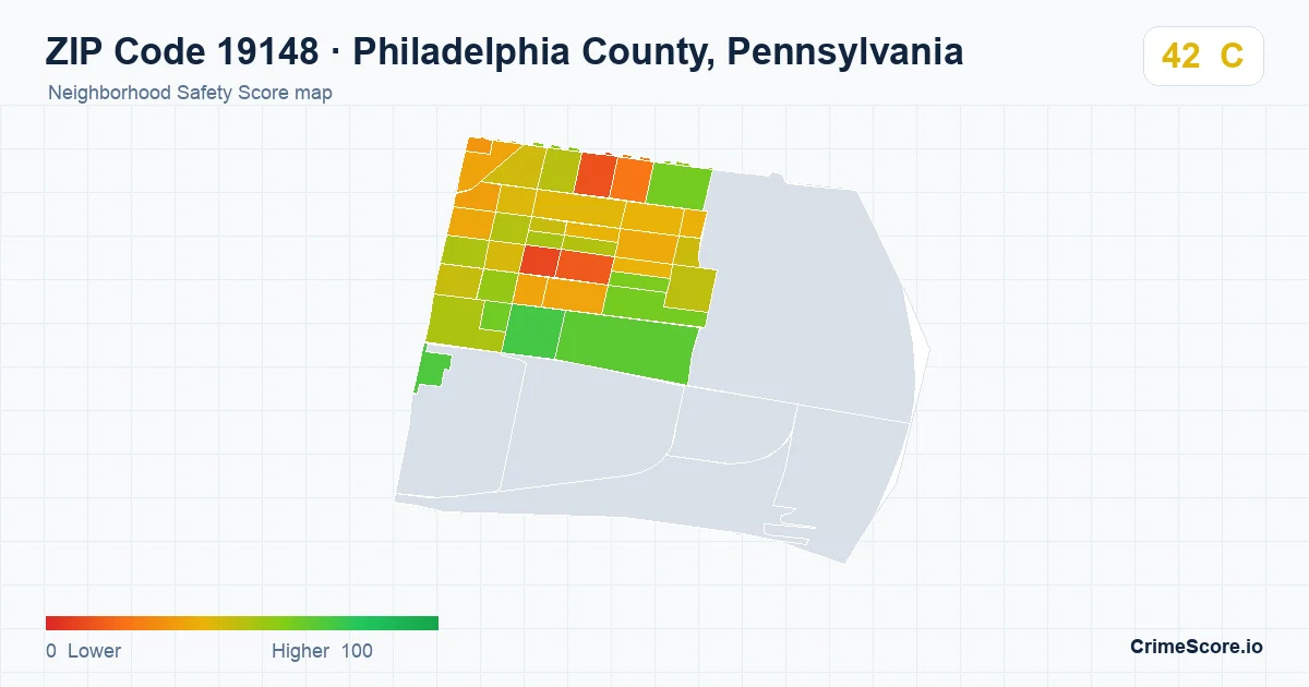 ZIP Code 19148 in Philadelphia County, Pennsylvania neighborhood Safety Score map