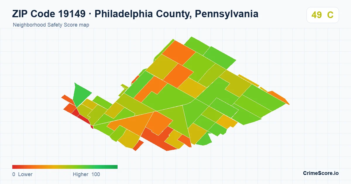 ZIP Code 19149 in Philadelphia County, Pennsylvania neighborhood Safety Score map
