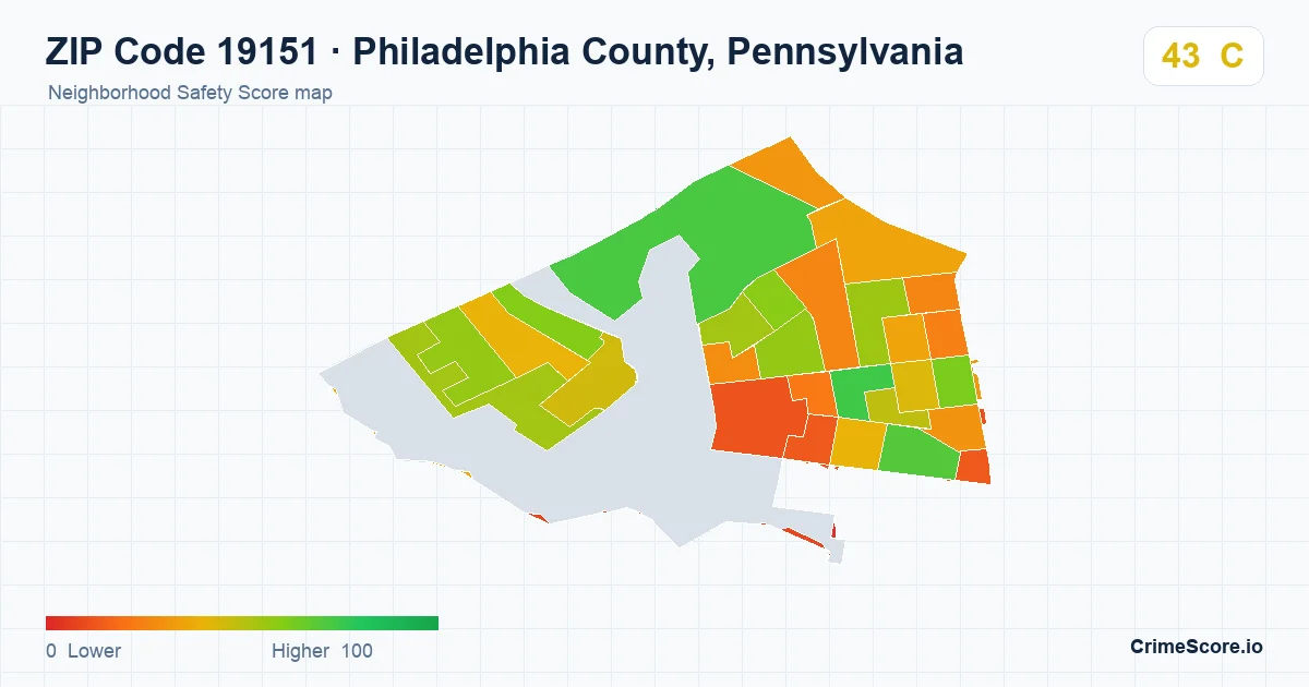 ZIP Code 19151 in Philadelphia County, Pennsylvania neighborhood Safety Score map