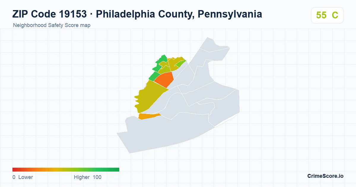 ZIP Code 19153 in Philadelphia County, Pennsylvania neighborhood Safety Score map