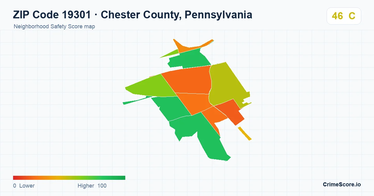 ZIP Code 19301 in Chester County, Pennsylvania neighborhood Safety Score map