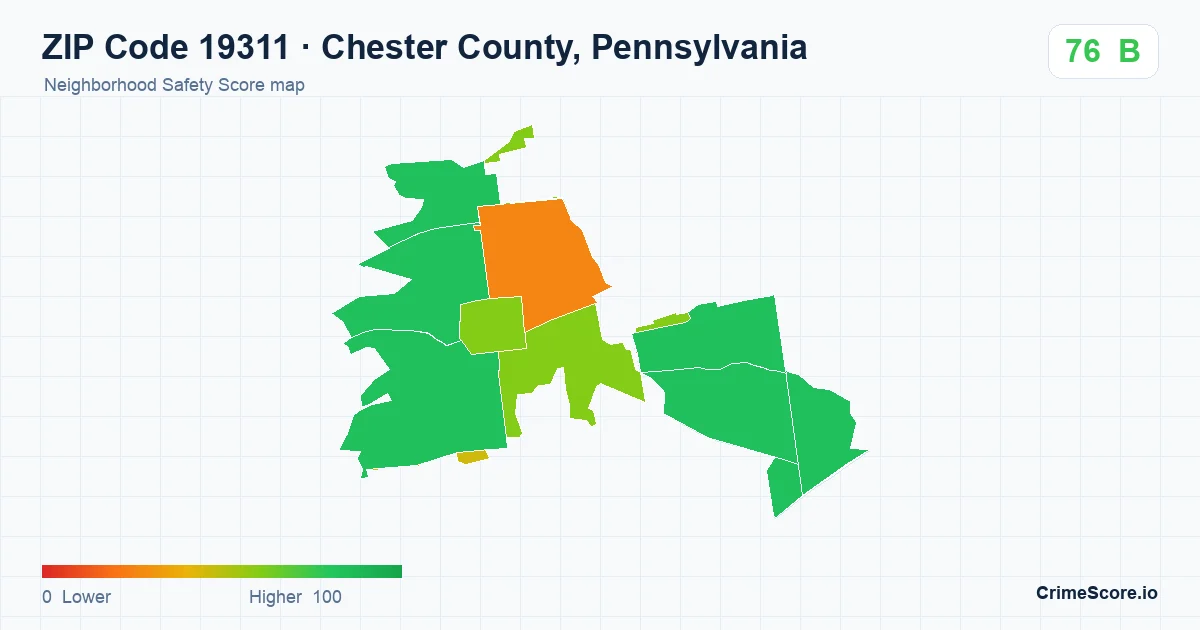 ZIP Code 19311 in Chester County, Pennsylvania neighborhood Safety Score map