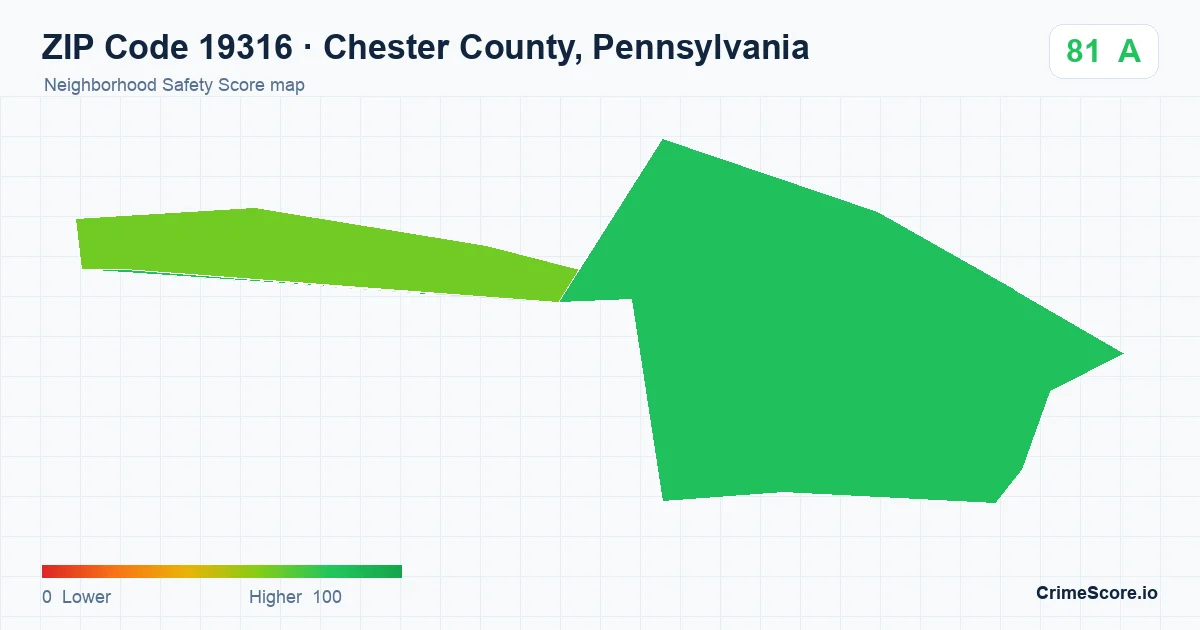ZIP Code 19316 in Chester County, Pennsylvania neighborhood Safety Score map