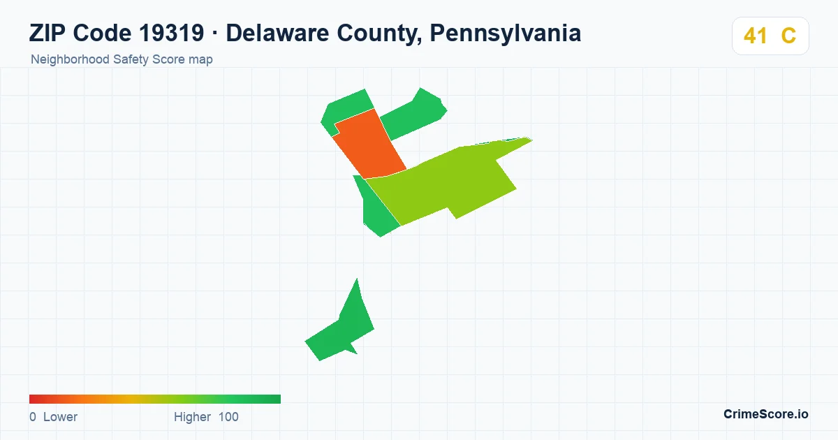 ZIP Code 19319 in Delaware County, Pennsylvania neighborhood Safety Score map